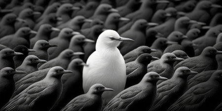 Difference concept showing by extraordinary bird standing out of the crowd. superlative generative AI image.の素材