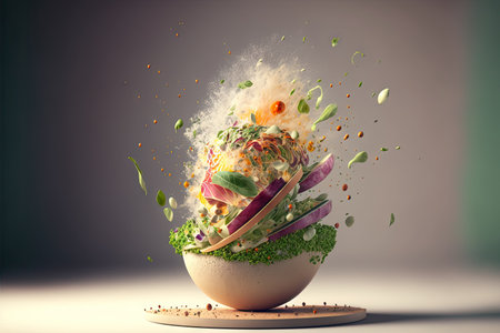 Exploring various ingredients of fresh spread out of container with isolated shading background. Concept of energy food from plant base. Glorious Generative AI.の素材