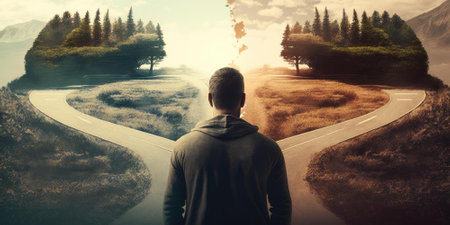 Man at two roads deciding for best chance of environment protection. superlative generative AI image.の素材