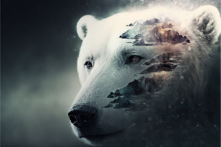 image shown by polar bear suffer due to melting ice caused by the impact of climate change on double exposure of global warming turning arctic hotter in background. Superb Generative AI.の素材