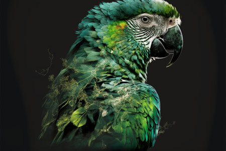 Contemporary abstract artwork double exposure of green parrot and forest landscape design, concept of animal and natural wilderness adventure. Superb Generative AI.の素材