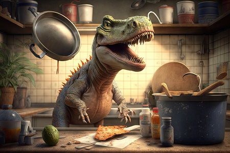 Funny Tyrannosaurus rex dinosaur cartoon character. Concept of diverse feeling. Glorious Generative AI.の素材