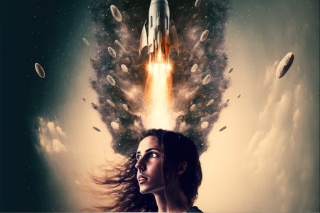 Double exposure woman portrait with space rocket takeoff and launch into sky as creative concept for business startup company symbolizing idea of company skyrocketing to success. Superb Generative AIの素材