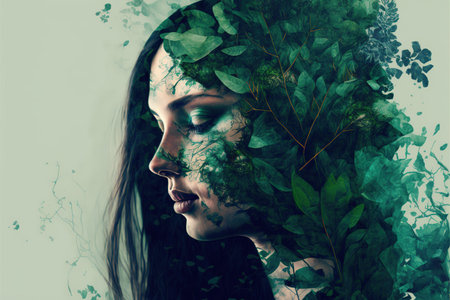 Beautiful woman portrait with blossom greenery foliage leaf hairstyle on isolated background double exposure. Girl face cover with blossom springtime leaves. Superb Generative AI.の素材