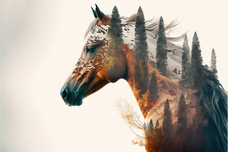 Horse with double exposure with natural forest landscape background as concept of animal in natural adventure in the wilderness with animal artwork. Superb Generative AI.の素材