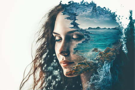 Double exposure woman portrait with natural freshness of seascape and ocean background for sense of peaceful tranquility concept. Meditative and mental ability abstract art. Superb Generative AIの素材