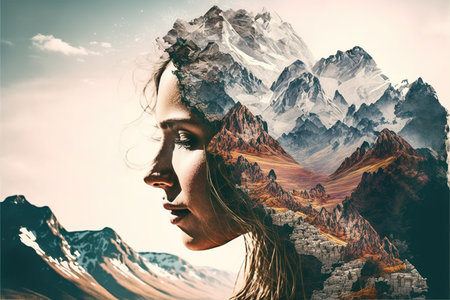 Double exposure woman portrait with cloudscape and mountain range background for sense of peaceful tranquility concept. Meditative natural freshness and mental abstract art. Superb Generative AIの素材