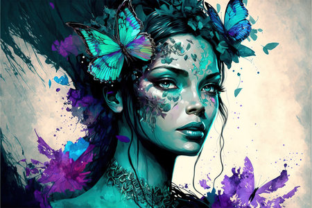 Magical fantasy forest princess design with springtime blossom flower bouquet hairstyle. Blue teal makeup in fairytale design as pagan spirit of the forest. Superb Generative AIの素材