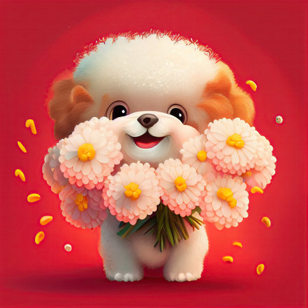 Fluffy cute puddle holding bouquet in colorful flowers isolated warm background. Concept of phonographic in art digital of animal abstract profile. Glorious generative AI.の素材