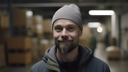 A smiling Swedish male factory worker standing in warehouse. Generative AI AIG19.の素材