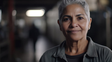 A smiling senior Hispanic female factory worker standing in metal sheet factory. Generative AI AIG19.の素材