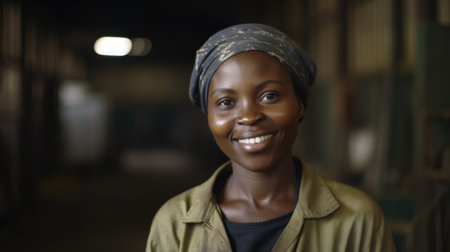 A smiling African female factory worker standing in metal sheet factory. Generative AI AIG19.の素材