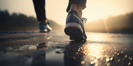 Close up view of runner sport shoes sprint running on track. distinct generative AI image.の素材