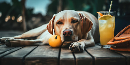 Labrador Retriever dog is on summer vacation at seaside resort and relaxing rest on summer beach of Hawaiiの素材