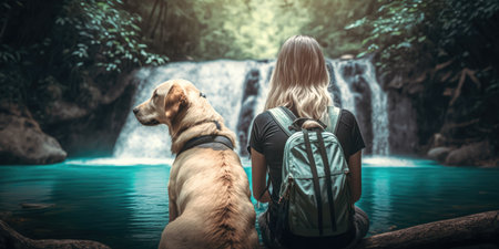 Active woman hiking to waterfall with labrador retriever dog. distinct generative AI image.の素材