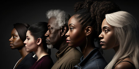 Face portrait of diverse people together looking straight. Multiracial concept. distinct generative AI image.の素材