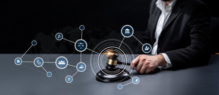Smart law, legal advice icons and lawyer working tools in the lawyers office showing concept of...