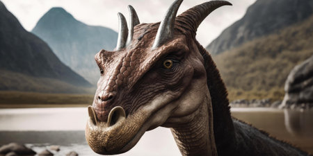 Prehistoric creature or dinosaur in the wild nature. Realistic style drawing. superlative generative AI image.の素材