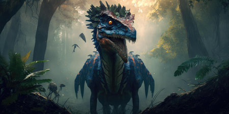 Prehistoric creature or dinosaur in the wild nature. Realistic style drawing. superlative generative AI image.の素材