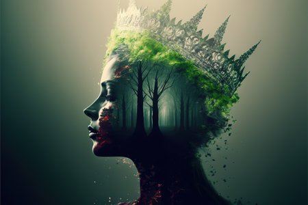 Majestic queen of the forest profile double exposure with natural greenery and foliage texture with crown floral design on her head. Fantasy princess of the woods. Superb Generative AI.の素材