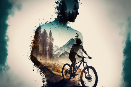 Image of double exposure silhouette biker and mountain forest landscape in creative modern abstract art. Nature and outdoor adventure or extreme sport in the wilderness concept. Superb Generative AI.の素材