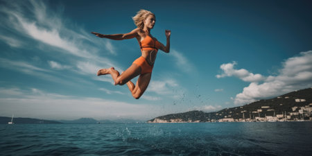 Athletic woman in sport outfit flying over the lake. distinct generative AI image.の素材