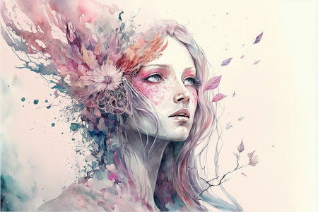 Beautiful pale skin woman portrait with blossom flower bouquets hairstyle on isolated background double exposure. Girl face cover with blossom springtime leaves. Superb Generative AI.の素材