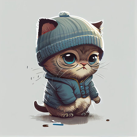 Cute cat comic wearing a beanie with sweater and hut. Concept of kitten profile with isolated background. Designed by hip hop costume. Glorious generative AI.の素材