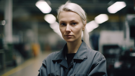 A smiling Swedish female electronic factory worker standing in factory. Generative AI AIG19.の素材