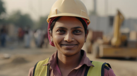 A smiling Indian female construction worker standing in construction site. Generative AI AIG19.の素材