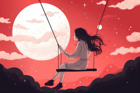 Cartoon graphic art style of little girl swinging with happiness. distinct generative AI image.の素材