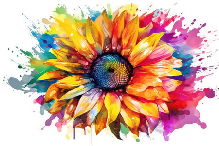 Colorful sunflower watercolor painting with splash for summer background. distinct generative AI image.の素材