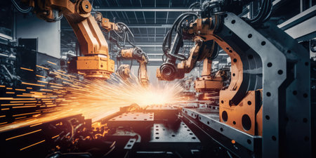 Robotic arm in factory production line controlled by computer software. distinct generative AI image.の素材