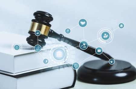 Smart law, legal advice icons and lawyer working tools in the lawyers office showing concept of...