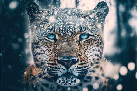White leopard face in snow winter forest, predator in the wilderness. Creative artwork of wildlife animal. Superb Generative AI.の素材