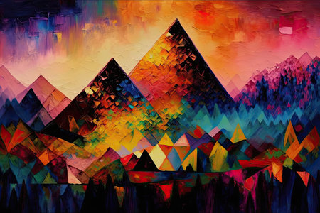 Concept colorful shading modern abstract art in natural of mountain. Decorated by technique painting in reflecting sunlight to graphic house. Glorious generative AI.の素材