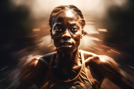 Heroic double exposure photo of a well trained runner speedy running. Generative AI AIG19.の素材