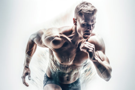 Heroic double exposure photo of a well trained male Swedish runner speedy running. Generative AI AIG19.の素材