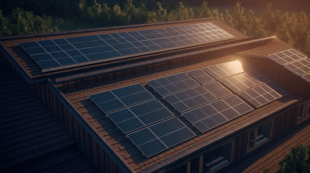 Close up view of solar panels on house rooftop . Generative AI AIG19.の素材