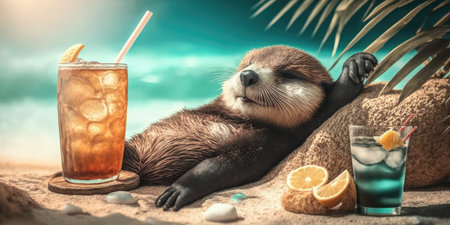 otter is on summer vacation at seaside resort and relaxing on summer beachの素材
