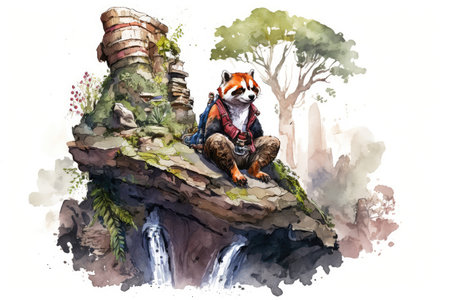 Cute little red panda tourist exploring the world with backpacking. distinct generative AI image.の素材