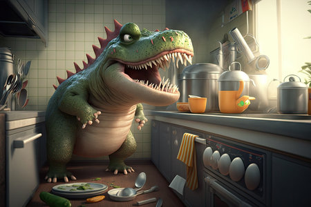 Funny Tyrannosaurus rex dinosaur cartoon character. Concept of diverse feeling. Glorious Generative AI.の素材