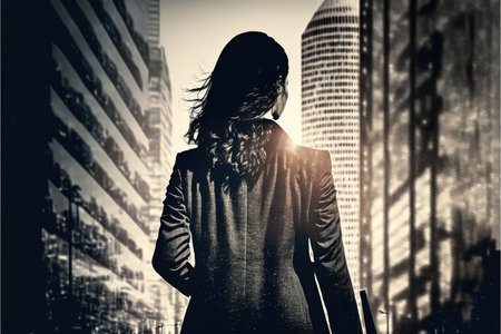 Ambitious businesswoman in black suit-clad profile with background residential city highrise buildings in double exposure, Successful businesspeople with strategic plans. Superb Generative AI.の素材