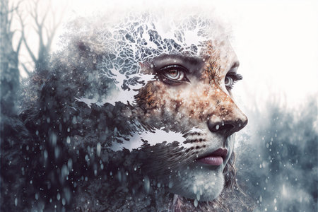 White leopard and human face in double exposure in the winter forest landscape background with creativity of human leopard hybrid. Superb Generative AI.の素材
