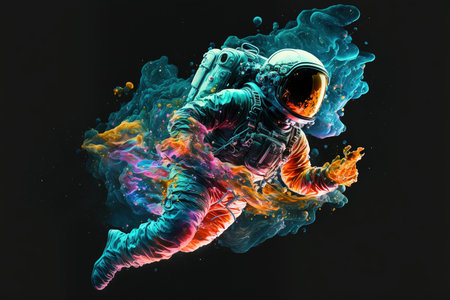 Contemporary abstract artwork of astronaut in space suit floating in deep space and iridescent fluid or smoke. Cosmic exploration or travel in state of mind concept. Superb Generative AI.の素材