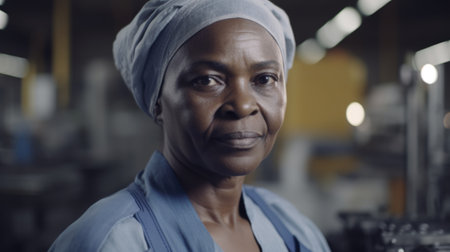 A smiling senior African female electronic factory worker standing in factory. Generative AI AIG19.の素材