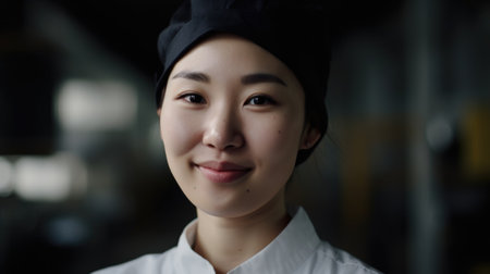 A smiling Chinese female electronic factory worker standing in factory. Generative AI AIG19.の素材