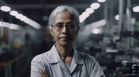 A smiling senior Indian female electronic factory worker standing in factory. Generative AI AIG19.の素材