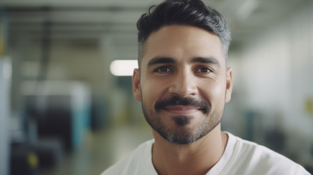 A smiling Hispanic male electronic factory worker standing in factory. Generative AI AIG19.の素材
