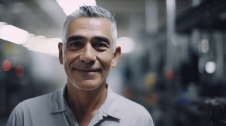 A smiling senior Hispanic male electronic factory worker standing in factory. Generative AI AIG19.の素材